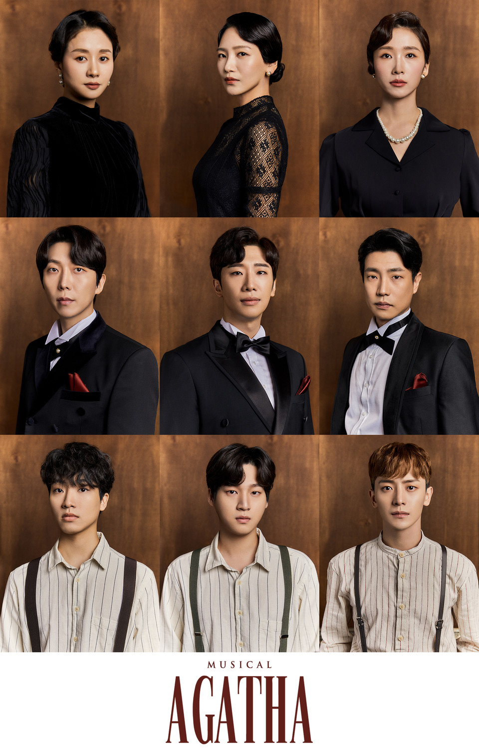 ▲ 뮤지컬 캐스팅 (맨 위 왼쪽부터) 아가사 역 임강희, 백은혜, 이정화(중간 왼쪽부터) 로이 역 김재범, 김경수, 고상호(맨 아래 왼쪽부터) 레이몬드 역 안지환, 김리현, 강은일 (사진제공=나인스토리)