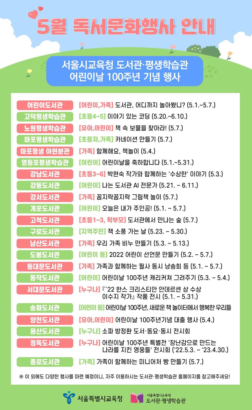 서울시교육청 도서관·평생학습관 어린이날 100주년 주요 운영프로그램