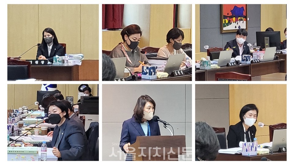 왼쪽위부터 시계방향으로 김민경 행정재경위원장, 질의하는 김현정, 이도희 구의원, 우종혁 구의원, 손민기 구의원, 답변하는 오은영 정책홍보실장, 오온누리 구의원. 행정재경위원회 감사실 취재컷.