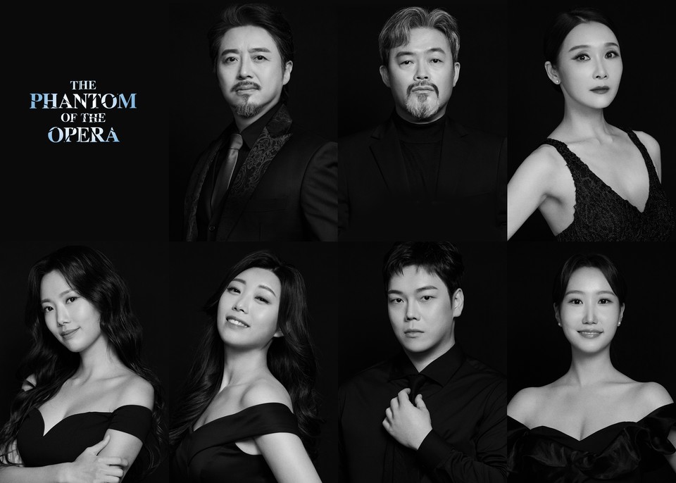 '오페라의 유령' 한국어 공연의 새로운 역사를 써낼 주역들. (상단 좌측부터) 무슈 앙드레 역의 윤영석, 무슈 피르맹 역의 이상준, 마담 지리 역의 김아선, (하단 좌측부터) 칼롯타 역의 이지영, 한보라, 피앙지 역의 박회림, 멕 지리 역의 박지나