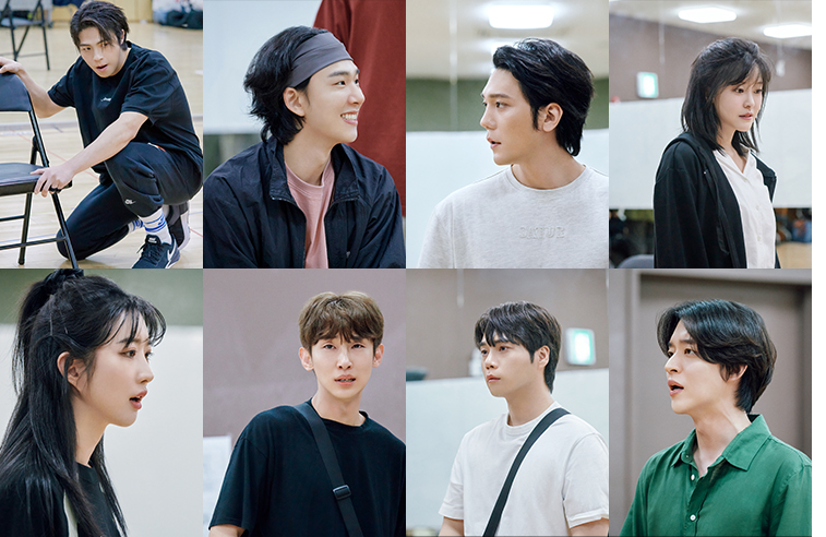 뮤지컬 '타오르는 어둠 속에서' 연습 사진 (좌) 박정원 양희준 노윤 한재아 주다온 정재환 홍승안 윤재호 | 제공 = 뉴프로덕션