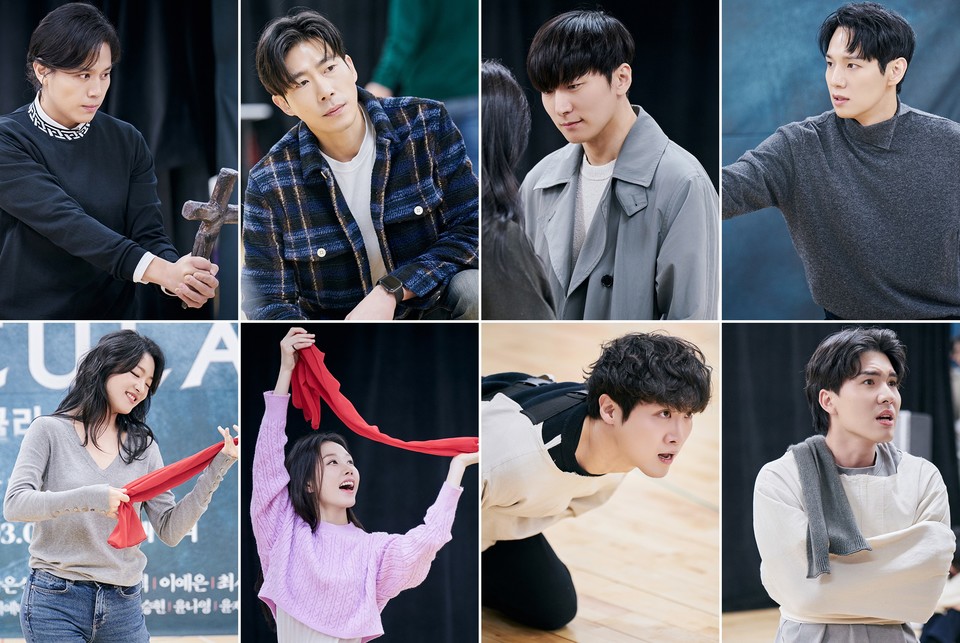 뮤지컬 '드라큘라' 연습 스케치_(상단 왼쪽부터) ‘반 헬싱’ 역_손준호, 박은석/‘조나단’ 역_진태화, 임준혁/ ‘루시’ 역_이예은, 최서연/ ‘렌필드’ 역_김도현, 김도하｜제공 =오디컴퍼니㈜