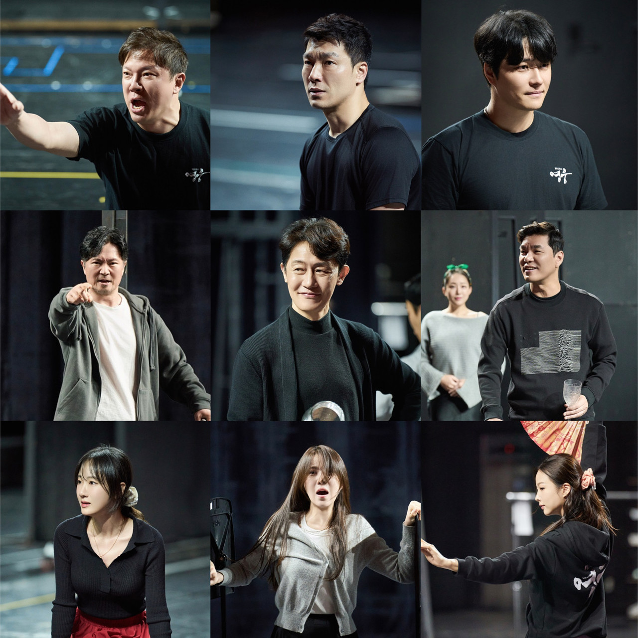 뮤지컬 '영웅' 연습실 스케치(좌측부터 안중근 역 정성화, 양준모, 민우혁, 이토 역 김도형, 서영주, 최민철, 설희 역 유리아, 정재은, 솔지) Ι 제공 :: 에이콤