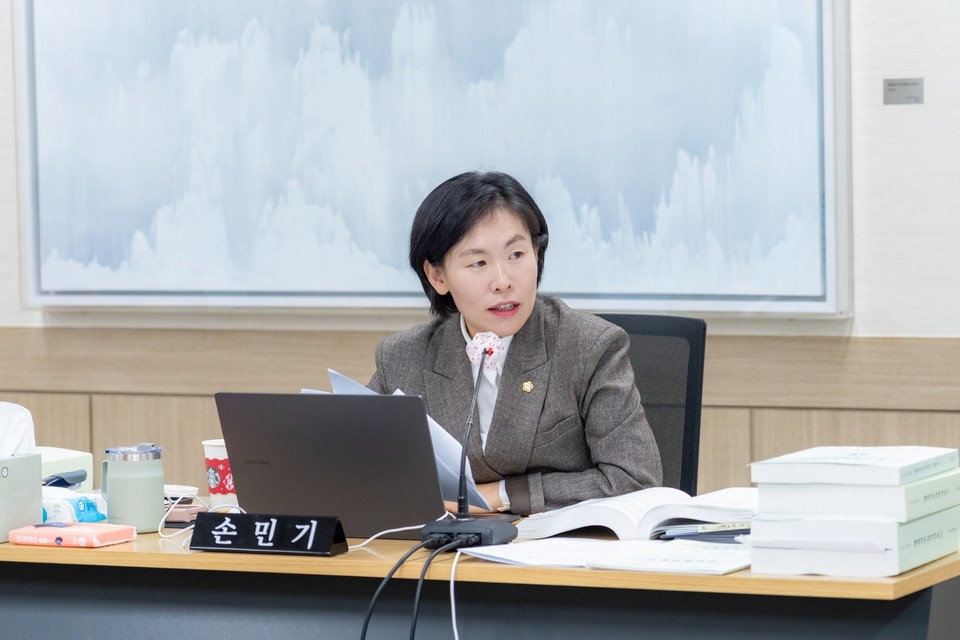 강남구의회 손민기 의원이 제323회 정례회 경제도시위원회 행정사무감사 중 질의하고 있다.