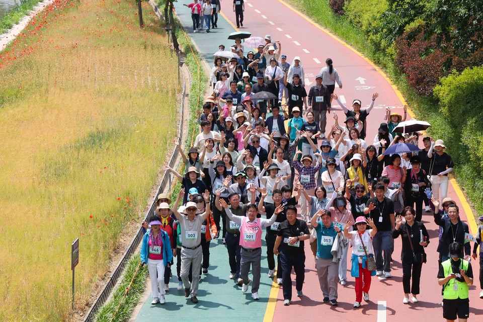 월드컵천 황금보리밭을 거닐고 있는 박강수 마포구청장과 참가자들