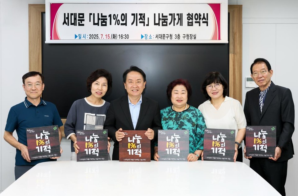 ‘서대문 나눔1%의 기적’ 협약식에서 이성헌 구청장(왼쪽 세 번째)과 참여 업체 대표들이 현판을 들고 기념 촬영을 하고 있다.