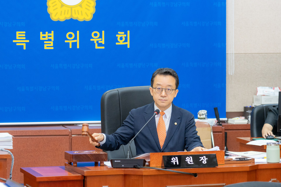 강남미래전략추진 특별위원회 회의를 진행하고 있는 윤석민 위원장