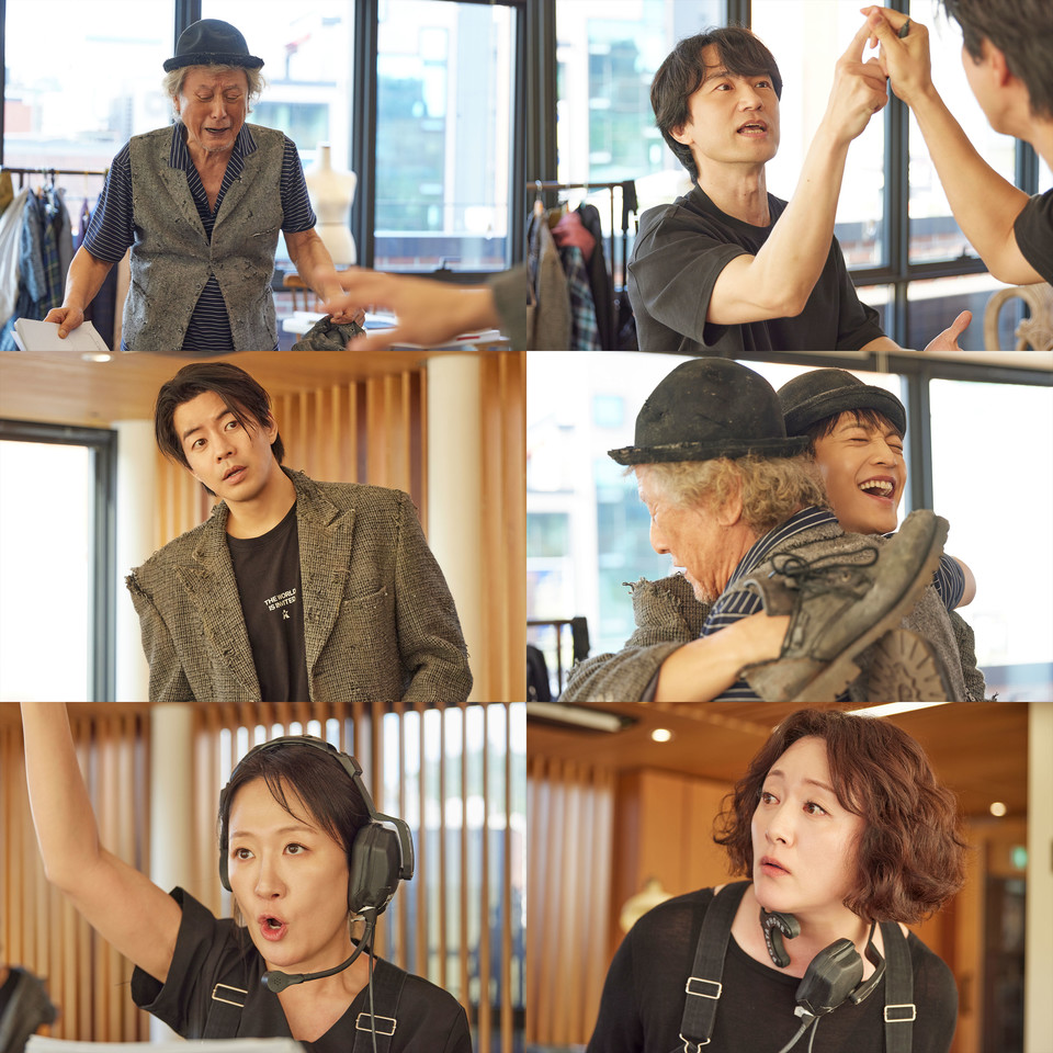 연극 고도를기다리며를기다리며_연습사진(2)_제공 (주)파크컴퍼니 왼쪽 위부터 시계방향으로 박근형, 김병철, 최민호, 신혜옥, 김가영, 이상윤