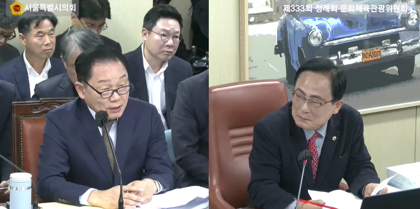 김형재 의원이 10일 열린 서울시의회 제333회 정례회 문화체육관광위원회 행정사무감사에서 서울관광재단 대표에게 질의를 하고 있다.