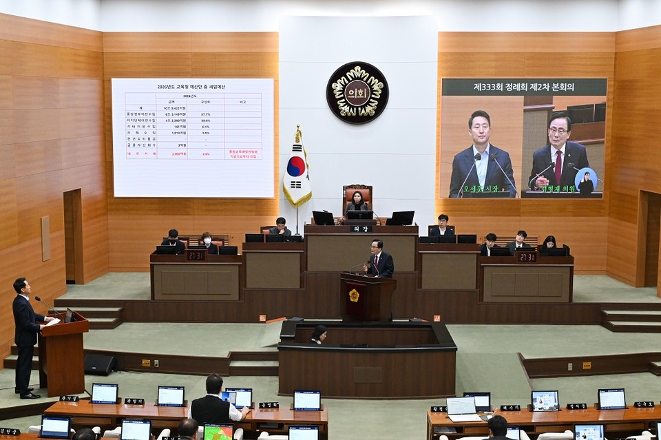 김형재 의원이 지난 18일 열린 서울시의회 제330회 정례회 시정질문에서 오세훈 서울시장을 상대로 질의를 하고 있다.